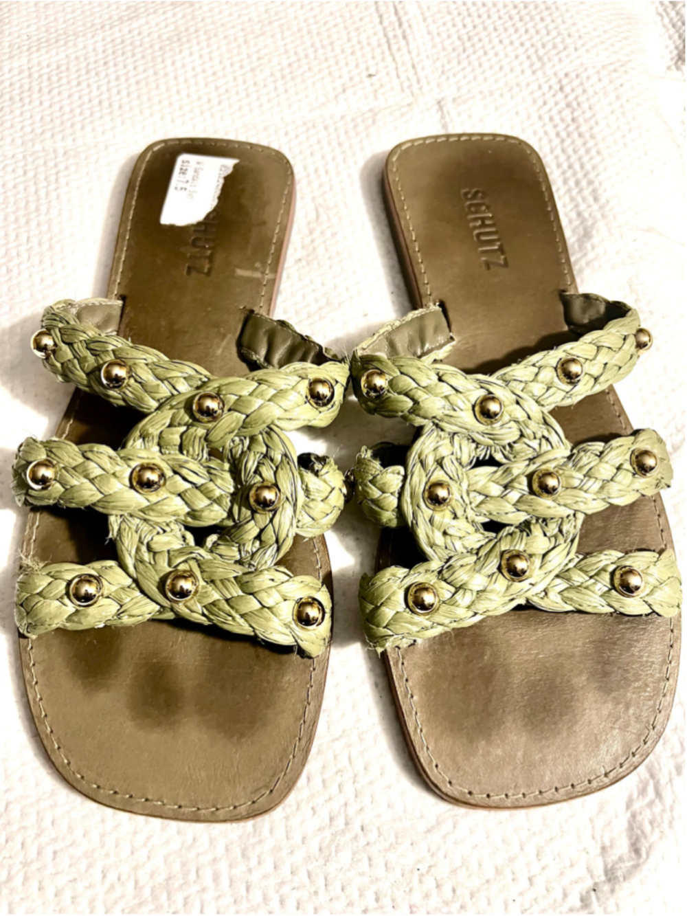 Schutz flat slide sandals featuring sage green braided raffia women size 7.5